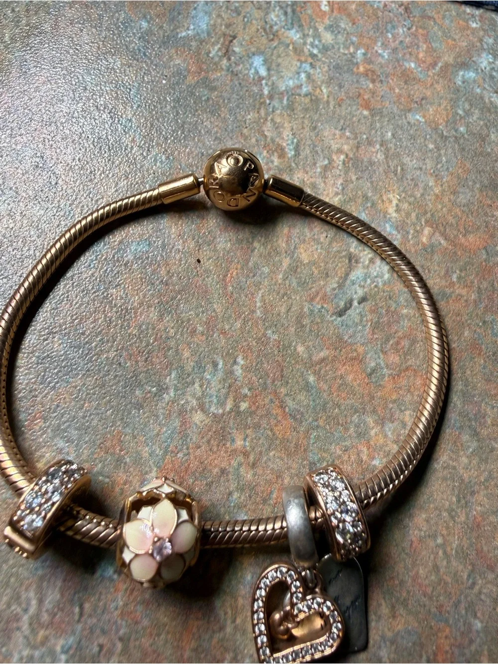 Pandora Rose Gold Charm Bracelet with Floral Enamel and Heart Charms